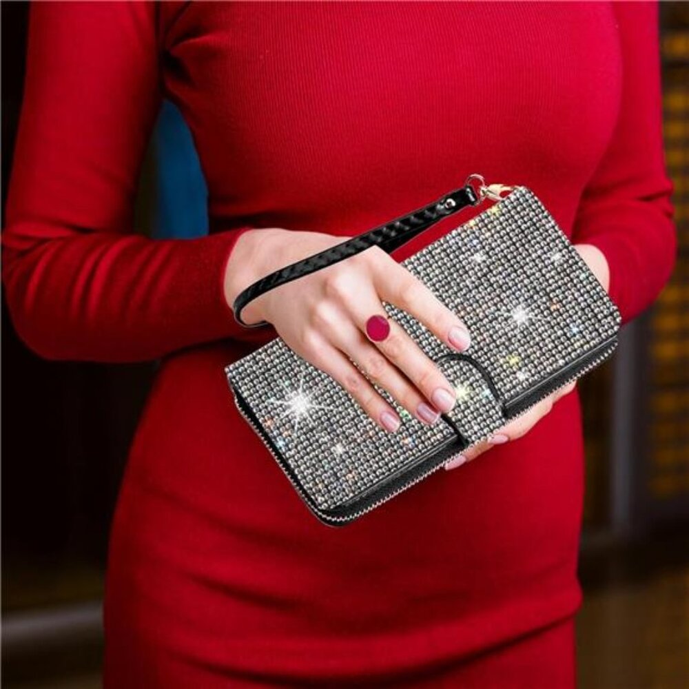 Bling Rhinestone Womens Wallet Artificial Diamond Wristlet Clutch Purse Credit - Picture 4 of 7